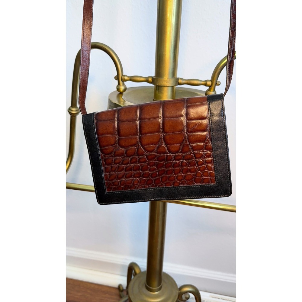 Brahmin Vintage Crossbody Bag Croc Embossed Leather Black Brown Wallet on String